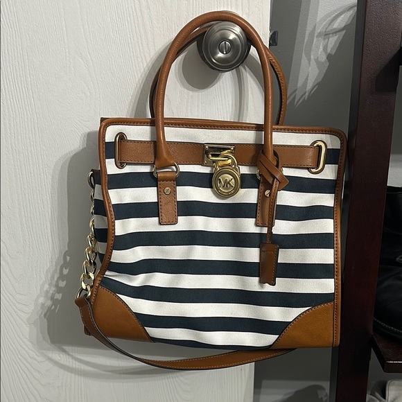Michael Kors Handbags - Michael Kors Blue and White Satchel with Gold Hardware